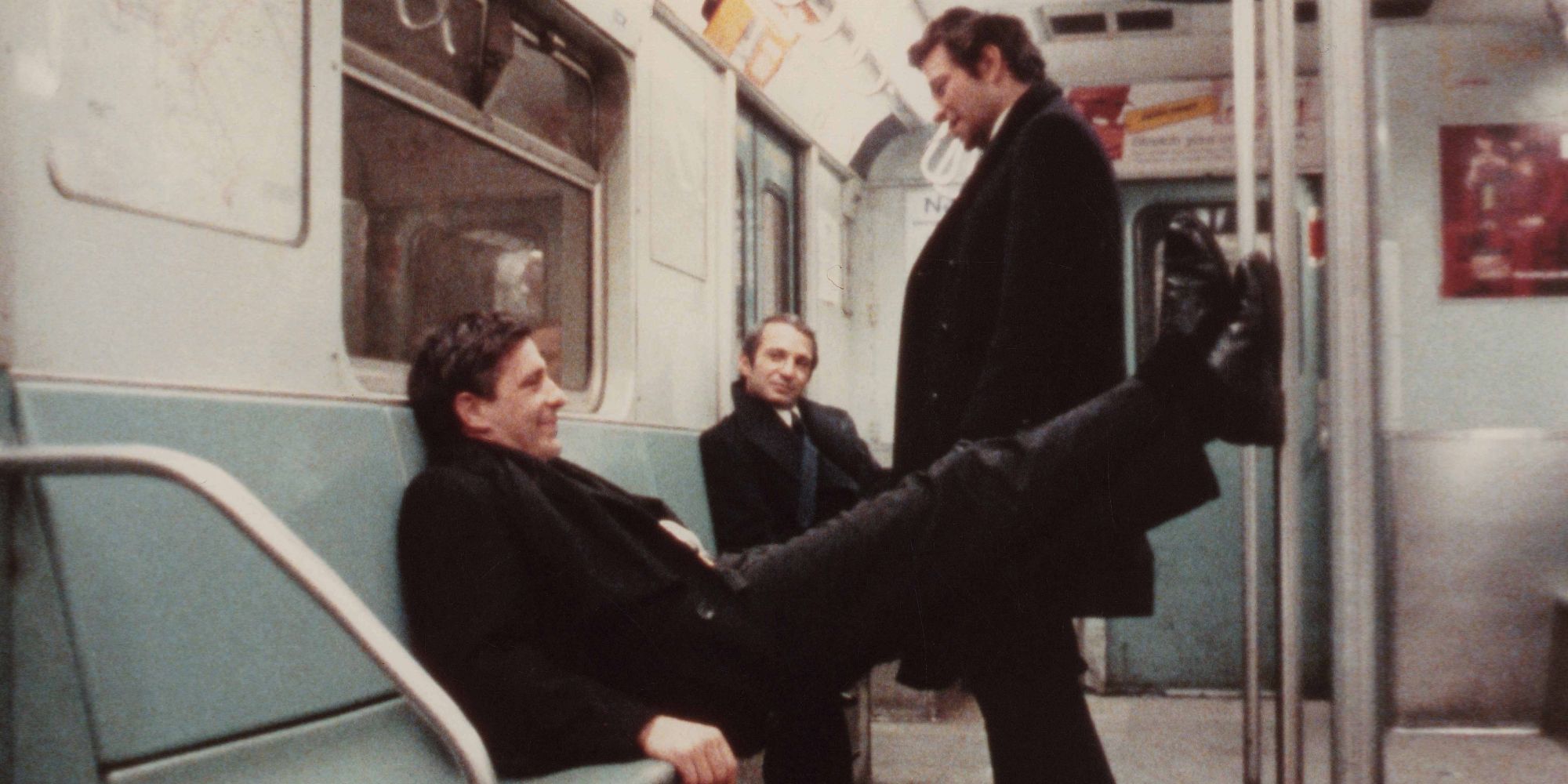 Ben Gazzara, Peter Falk, and John Cassavetes as Harry, Archie, and Gus riding the subway in Husbands.