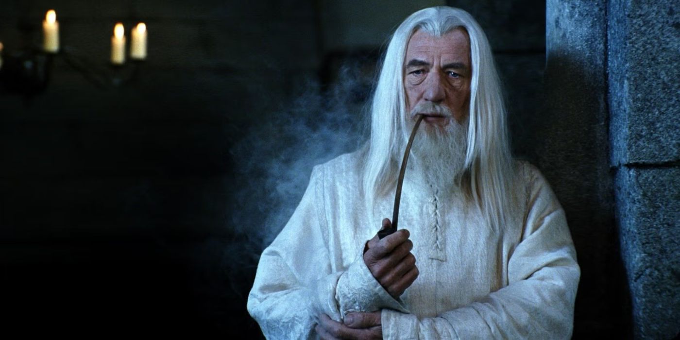 Ian Mckellen as Gandalf smoking a pipe in The Lord of the Rings: Return of the King