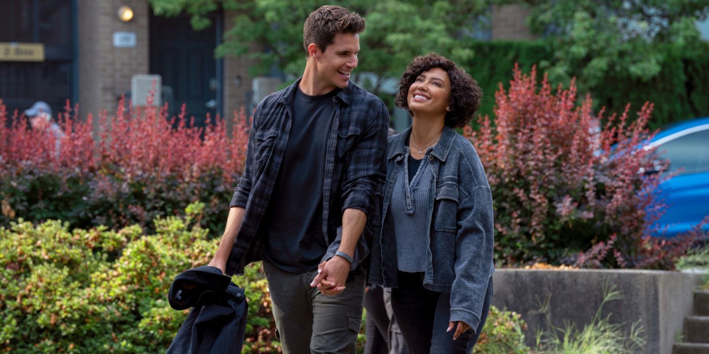 Nathan (Robbie Amell) and Nora (Andy Allo) holding hands in Upload Season 3
