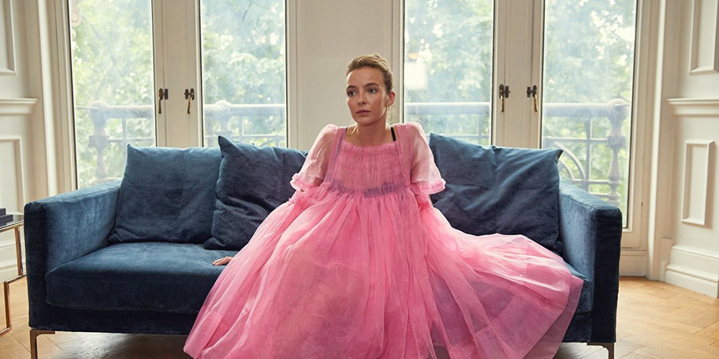 Jodie Comer as Villanelle in a bubblegum-pink dress in Killing Eve
