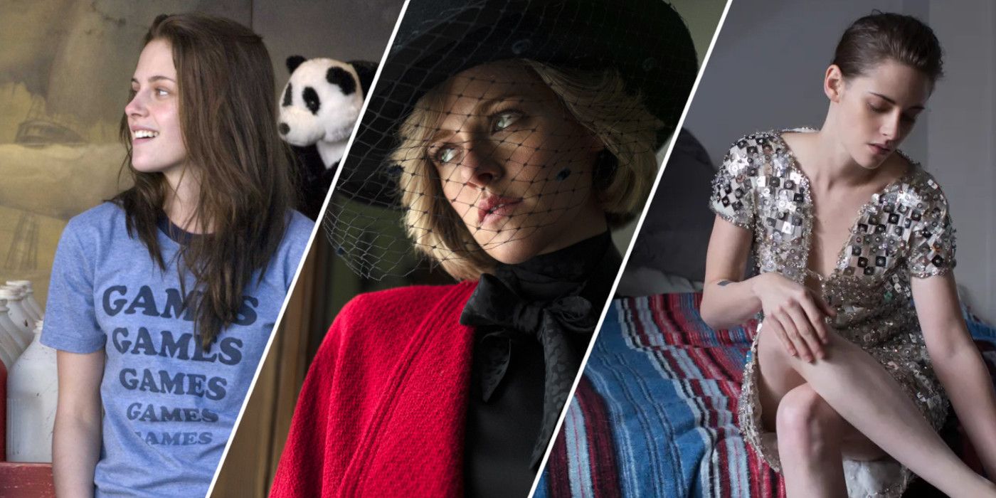 A triptych header of Kristen Stewart roles: Adventureland, Spencer, Personal Shopper