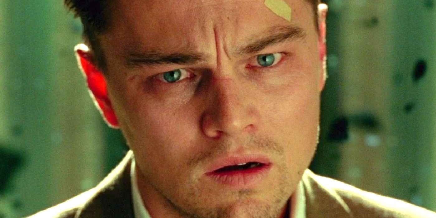 A close-up of Leonardo DiCaprio as Teddy Daniels looking concerned in Shutter Island