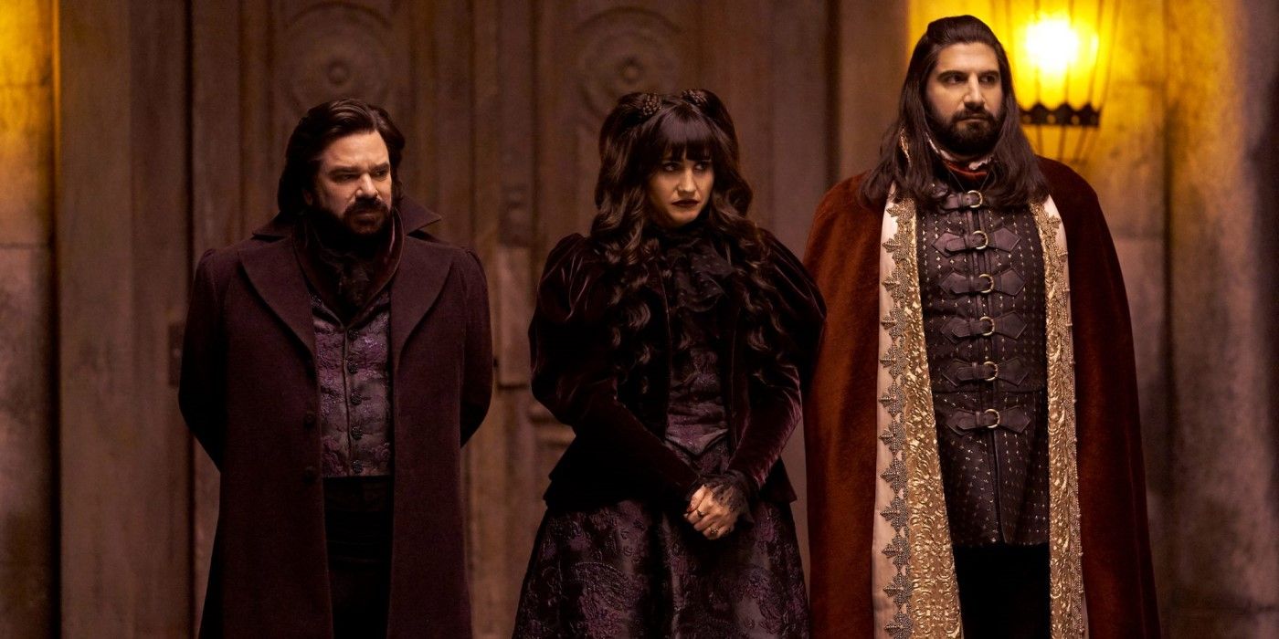 Laszlo, Nadja, and Nandor stand in a line awkwardly on 'What We Do in the Shadows'