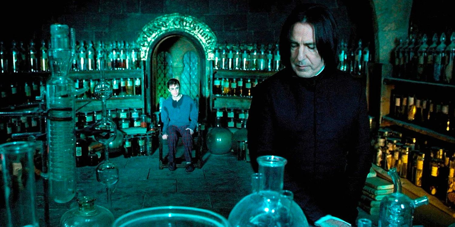 Severus Snape (Alan Rickman) trains Harry Potter (Daniel Radcliffe) to defend himself.