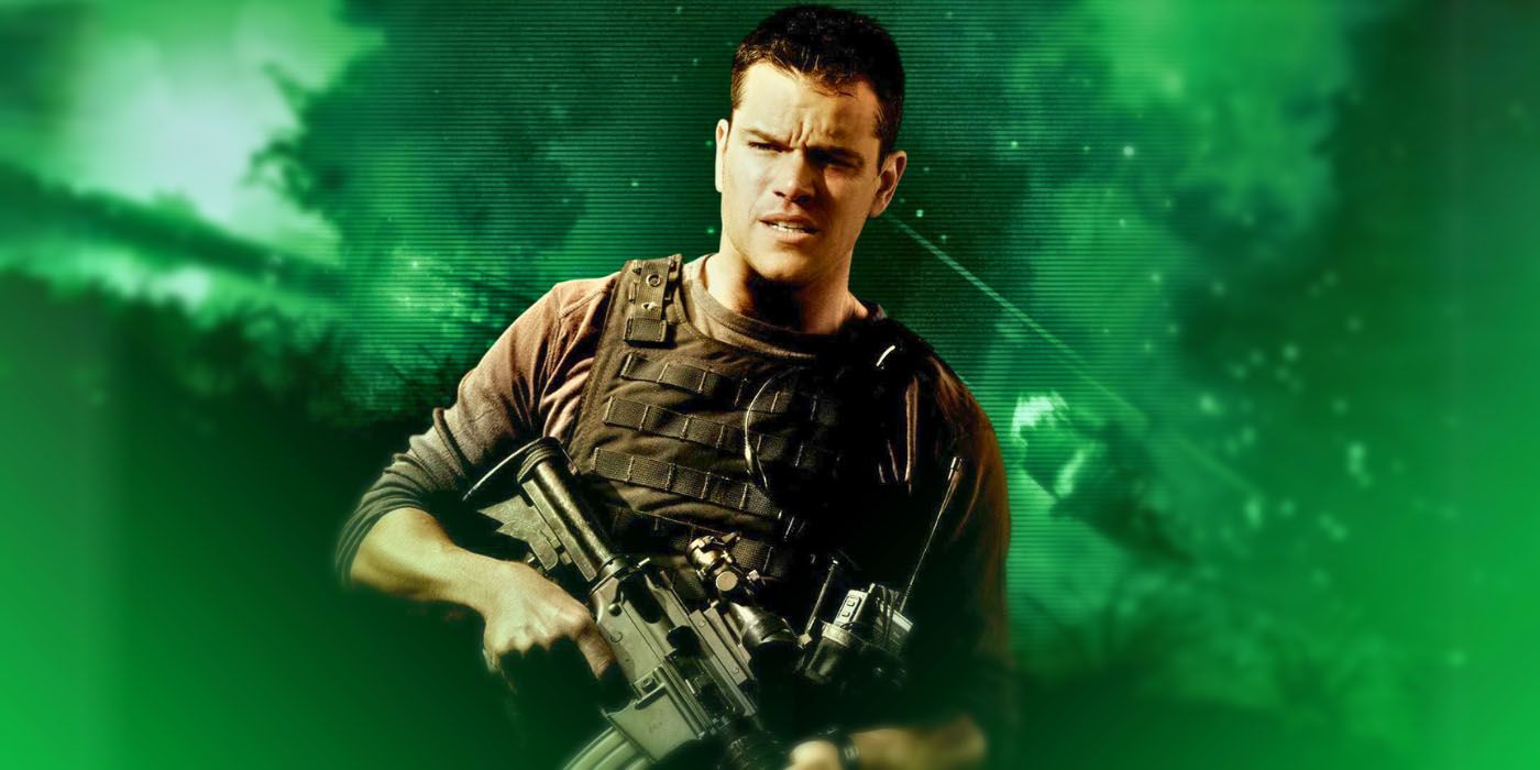 Matt Damon as Roy Miller from Green Zone, holding a rifle, against a green military-themed background