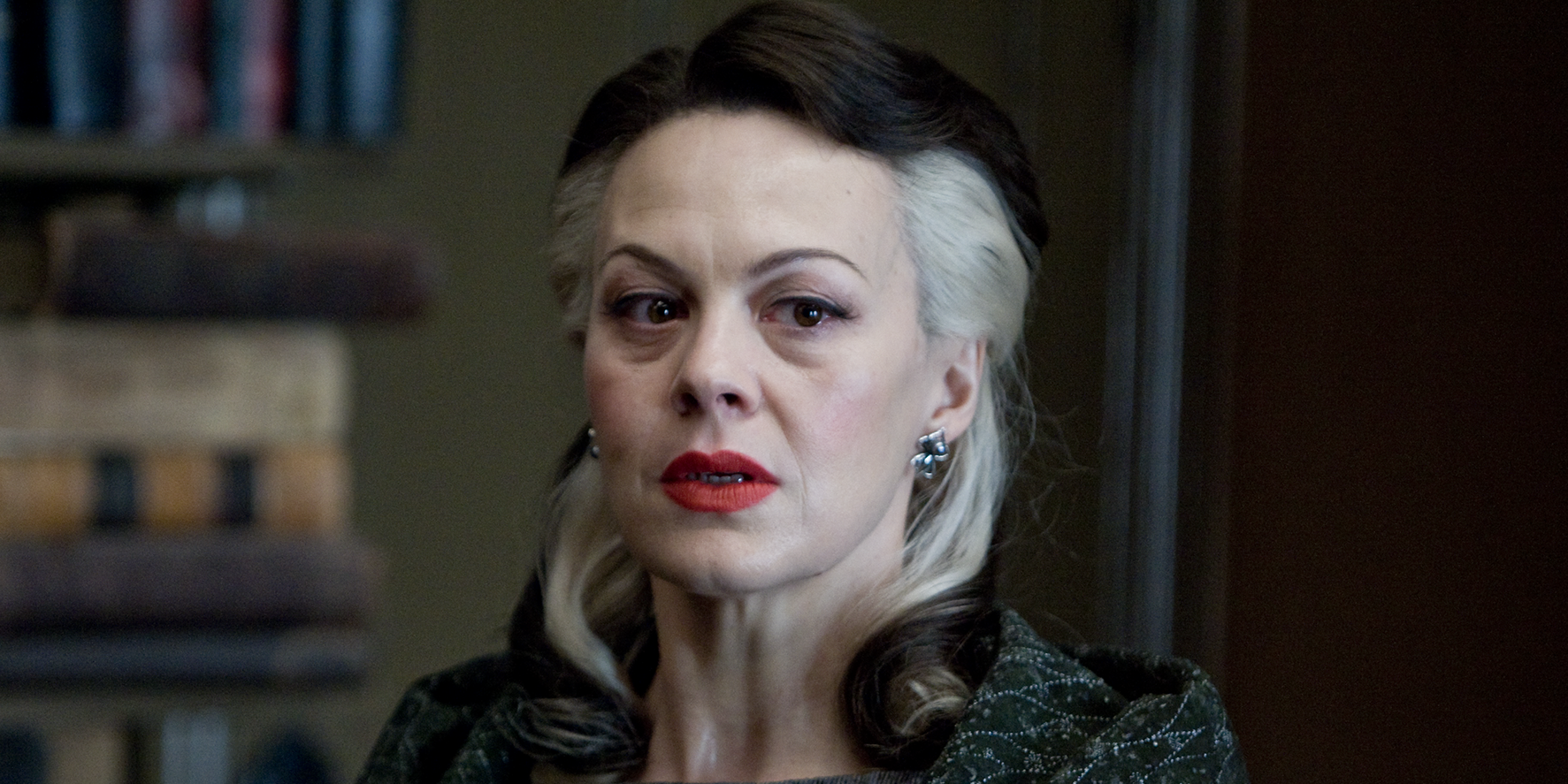 Helen McCrory's Narcissa Malfoy looks off uncomfortably in 'Harry Potter and the Half-Blood Prince'.