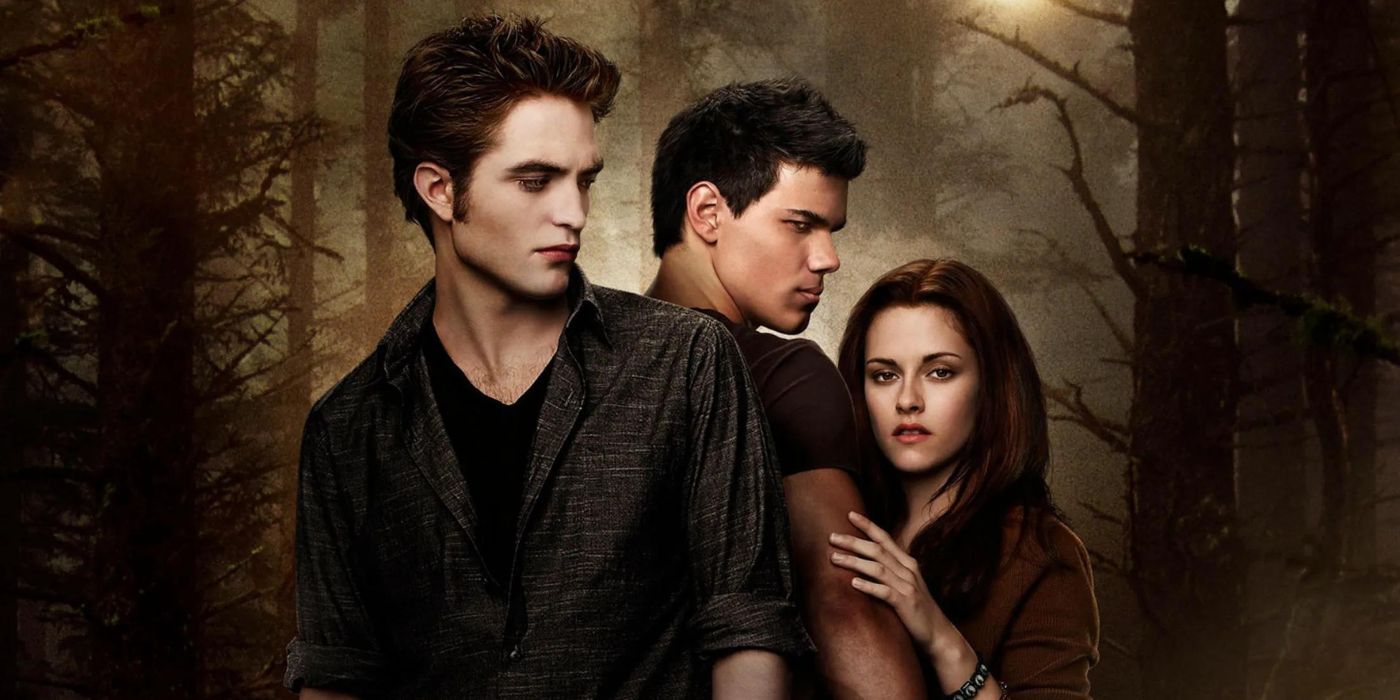 Robert Pattinson, Kristen Stewart, and Taylor Lautner in a promo poster for Twilight: New Moon