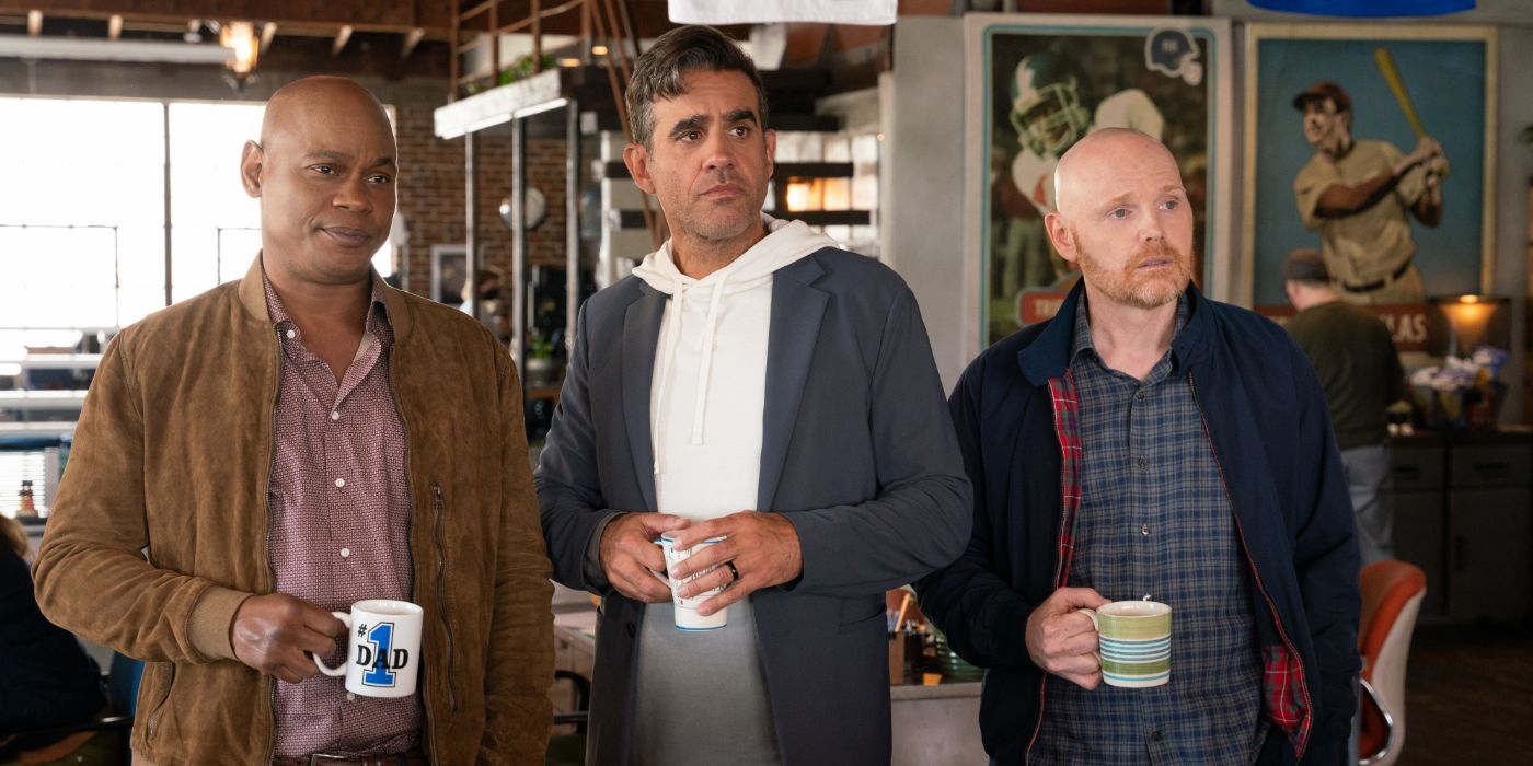 Bokeem Woodbine, Bobby Cannavale, and Bill Burr holding coffee mugs in 'Old Dads'