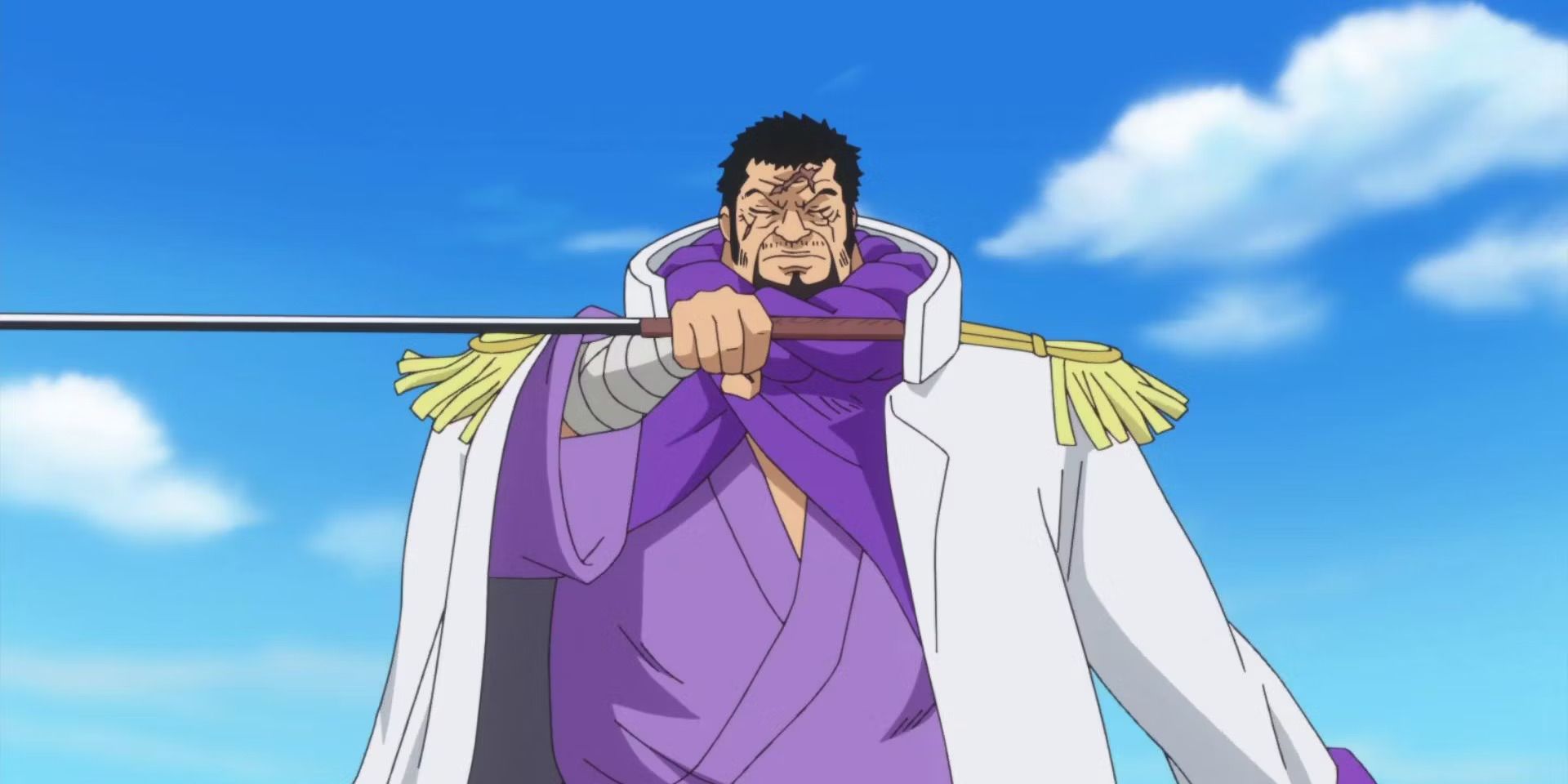 Almirante Fujitora em One Piece, mostrando habilidades gravitacionais