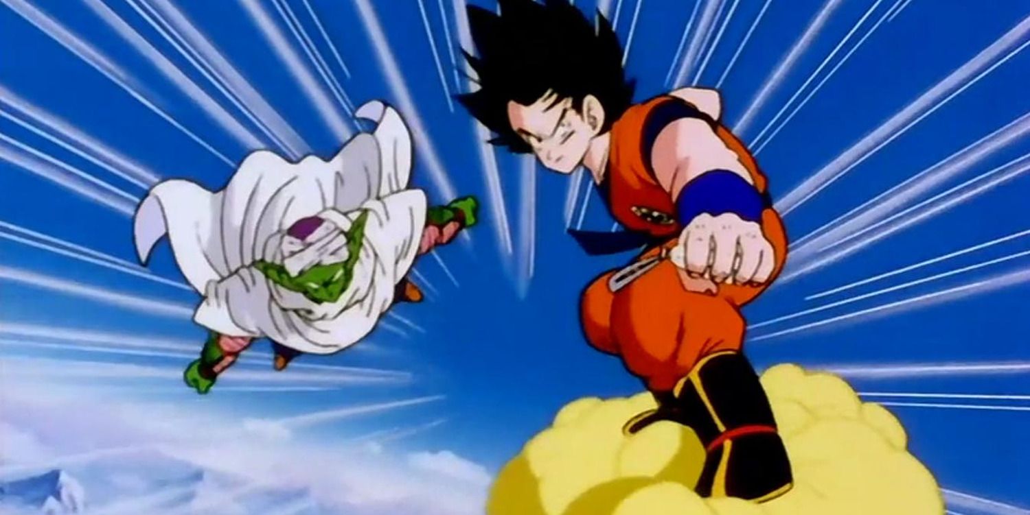 Goku riding a cloud and Piccolo flying behind him