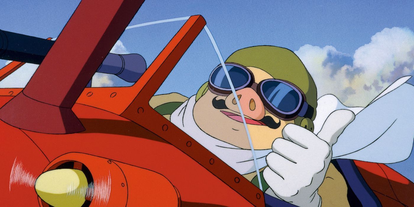 Porco Rosso pilotant un avió mentre donava el polze cap amunt a Porco Rosso