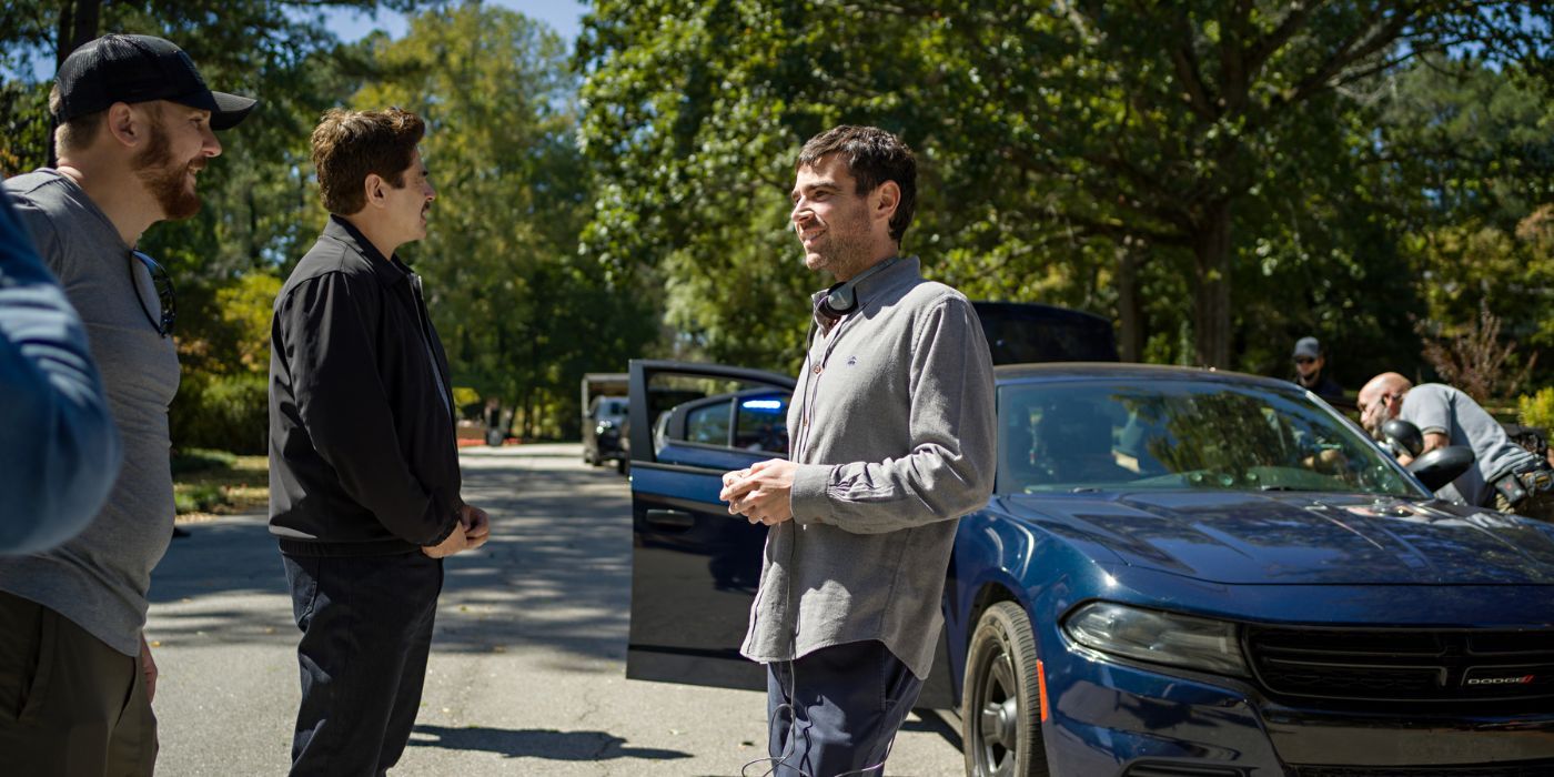 Benicio del Toro and Grant Singer on the set of Reptile 