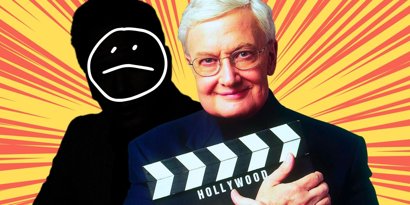 Roger Ebert holding a clapperboard with a silhouette behind him