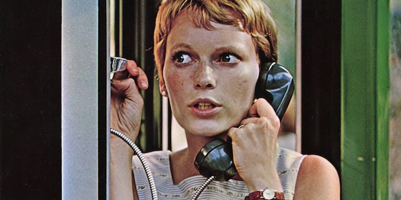 Mia Farrow as Rosemary talking on a payphone in Rosemary's Baby 