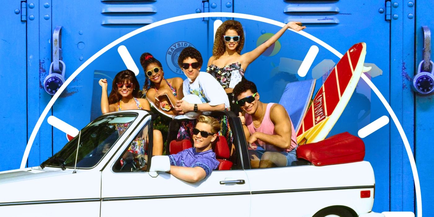 Cast of Saved By the Bell in a car with lockers and a clock in the background