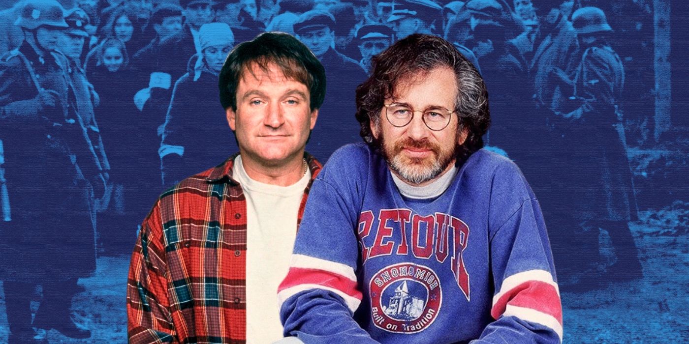 Robin Williams and Steven Spielberg against a blue-tinted Schindler's list background