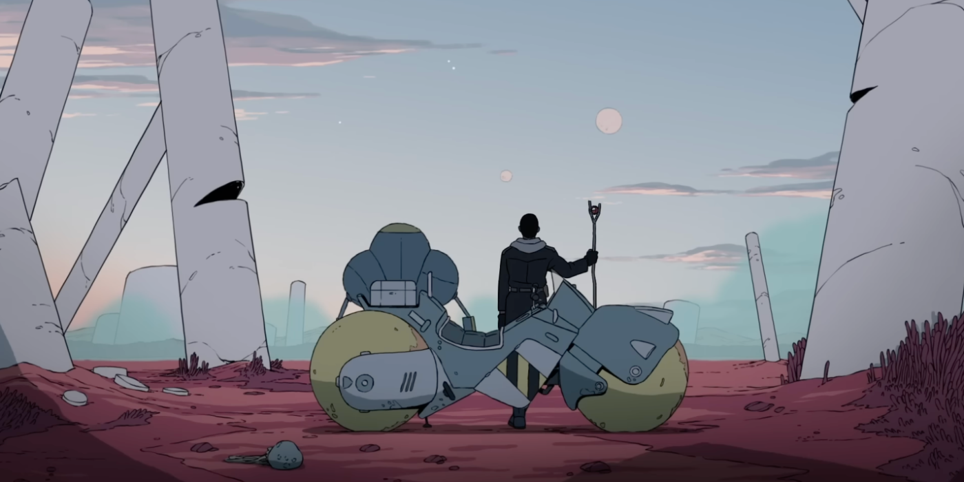A person stands in front of a motorcycle on a strange planet in Scavengers Reign