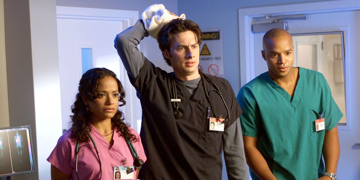 Zach braff, Donald Faison, and Judy Reyes looking confused in Scrubs