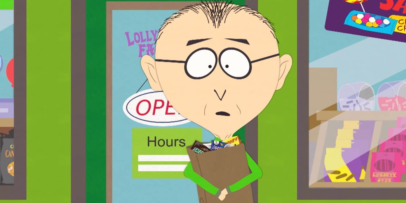 Mr. Mackey standing outside a store with a bag of candy in South Park