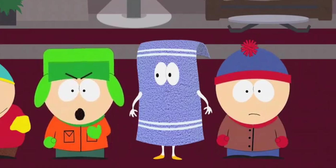 Towelie stands in between Kyle and Stan in 'South Park.'