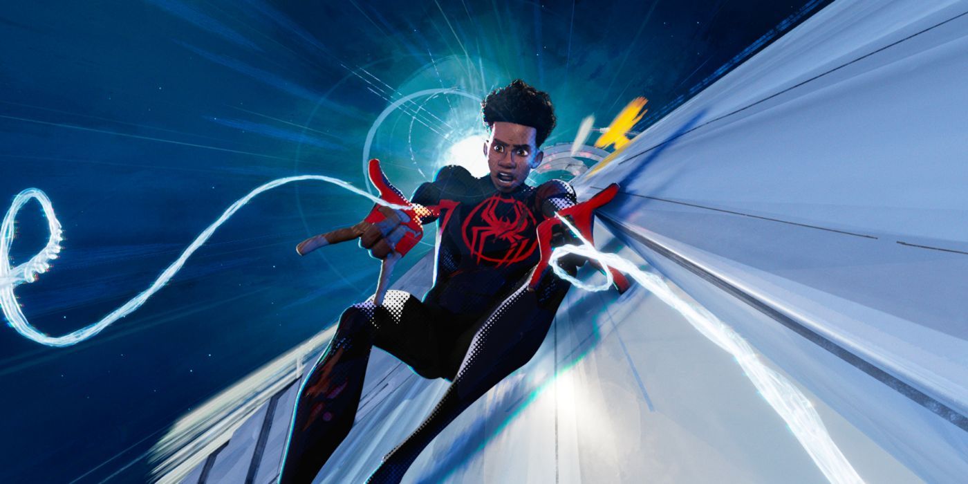 Miles Morales shooting his webs, sliding down a surface in 'Spider-Man- Across the Spider-Verse' (2023)