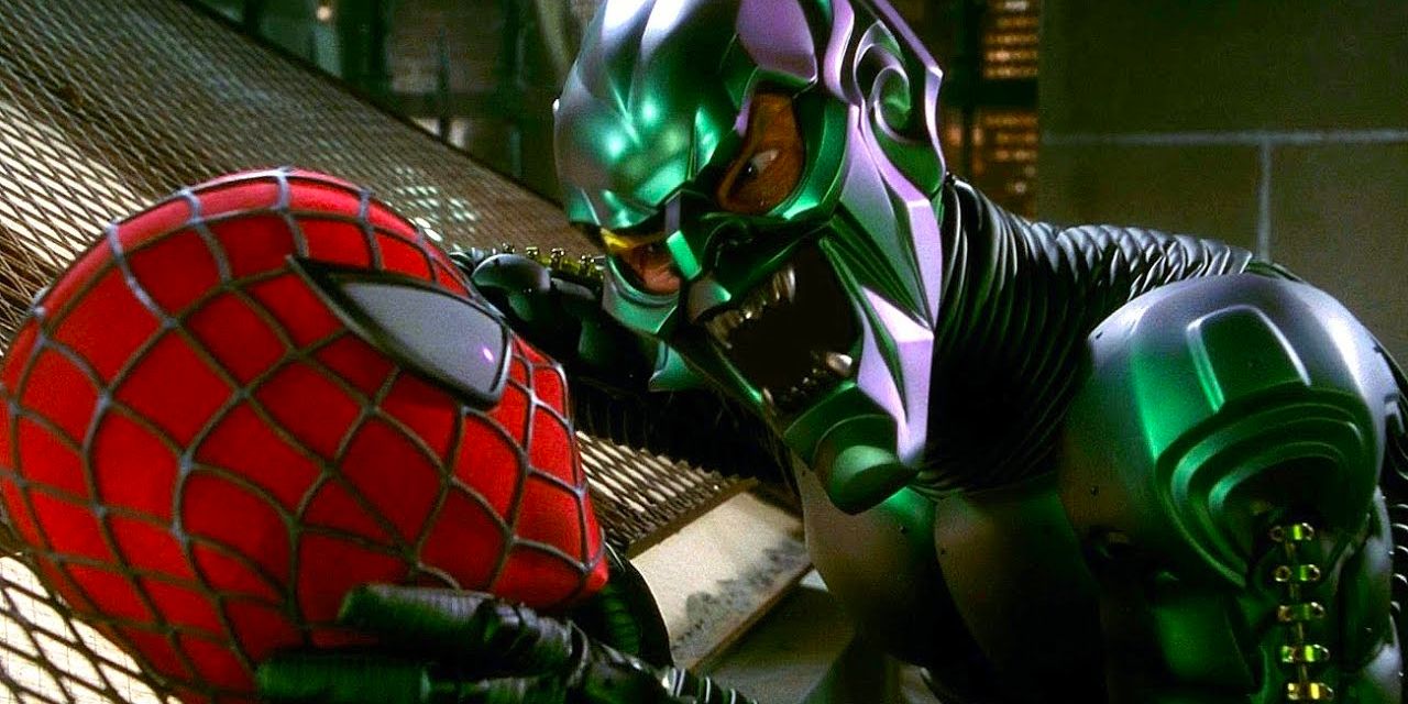 A Green Goblin chokes Spider-Man on a rooftop in New York City