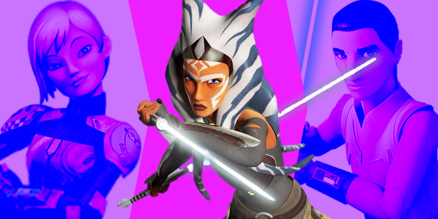 Blended image showing Sabine Wren, Ahsoka Tano, and Ezra Bridger in Star Wars Rebels.