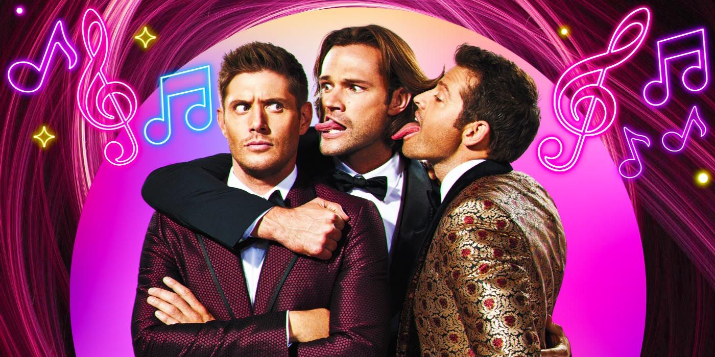 Misha Collins and Jared padalecki sticking their tongues out at Jensen Ackles with musical notes in the background