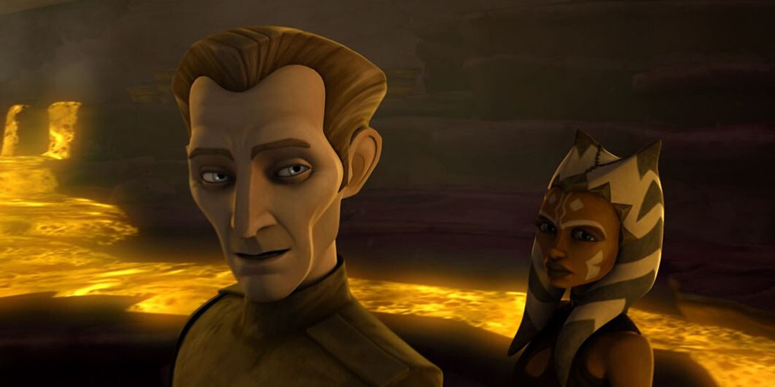 Tarkin and Ahsoka standing in front of a river of lava