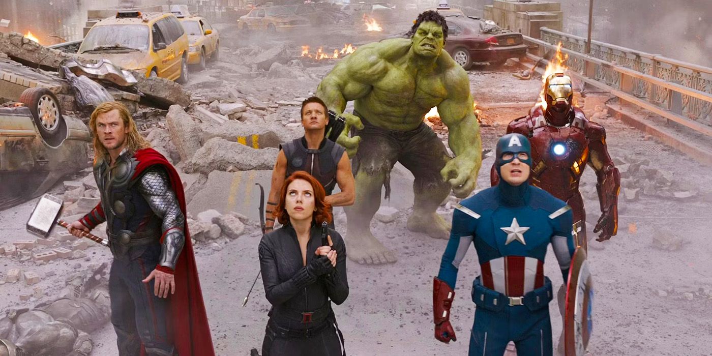 The Avengers standing on the street and looking up in The Avengers