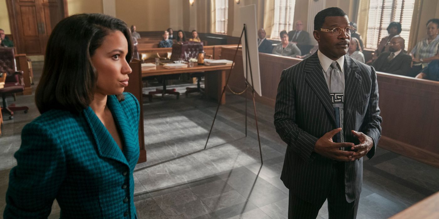 Jurnee Smolett and Jamie Foxx in a courtroom as Willie E. Gary and Mame Downes in The Burial