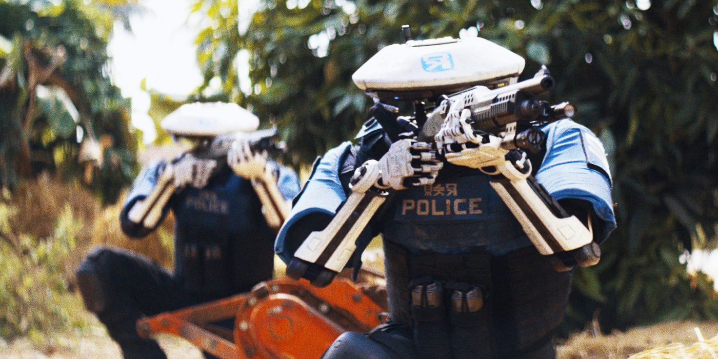 Police robots aiming their guns in The Creator