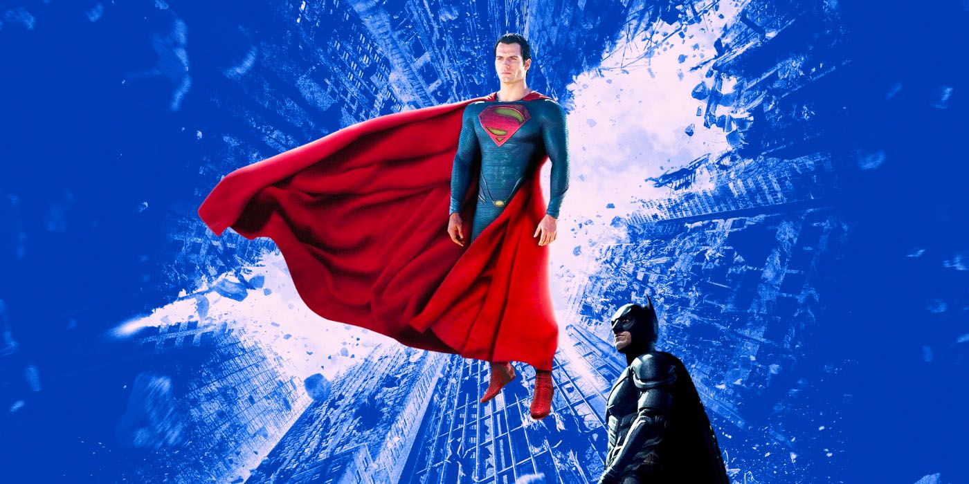 A custom image of Henry Cavill's Superman hovering above Christian Bale's Batman