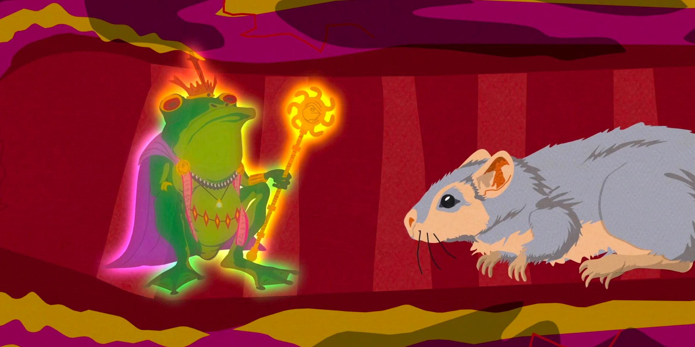 A gerbil is confronted by a frog spirit as he crawls through a man's intestine.