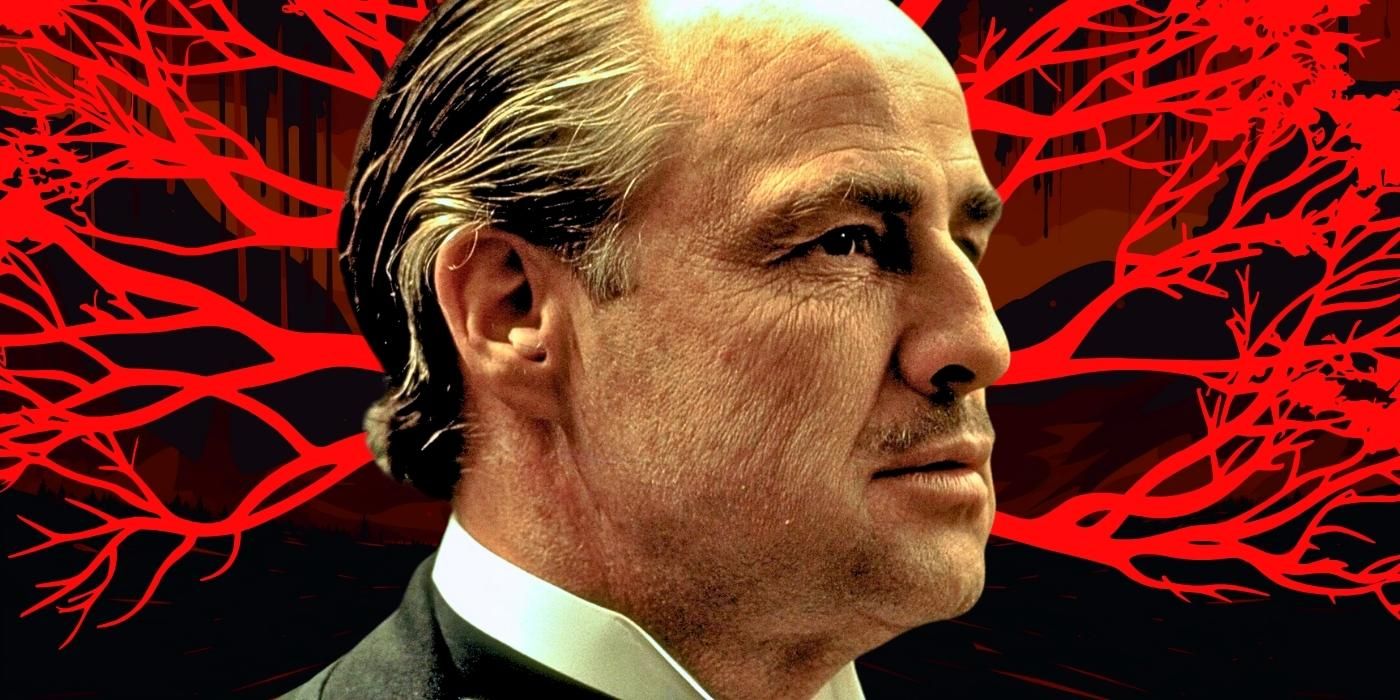 Marlon Brando as Vito in The Godfather against a red branching background