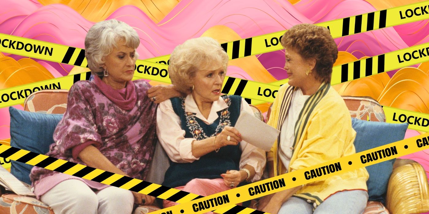 A custom image of the golden girls sitting on the sofa with caution tape around them