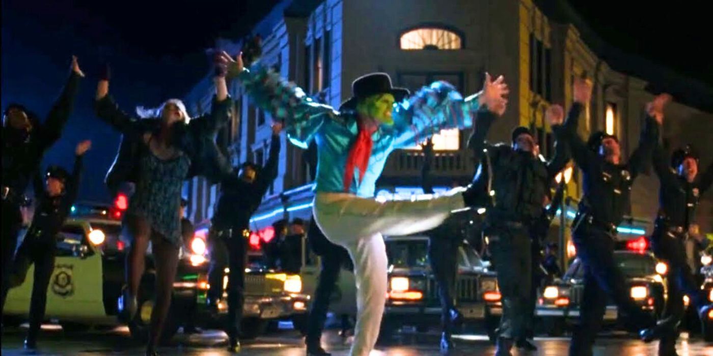 Jim Carrey dancing in the street during a flash mob in The Mask