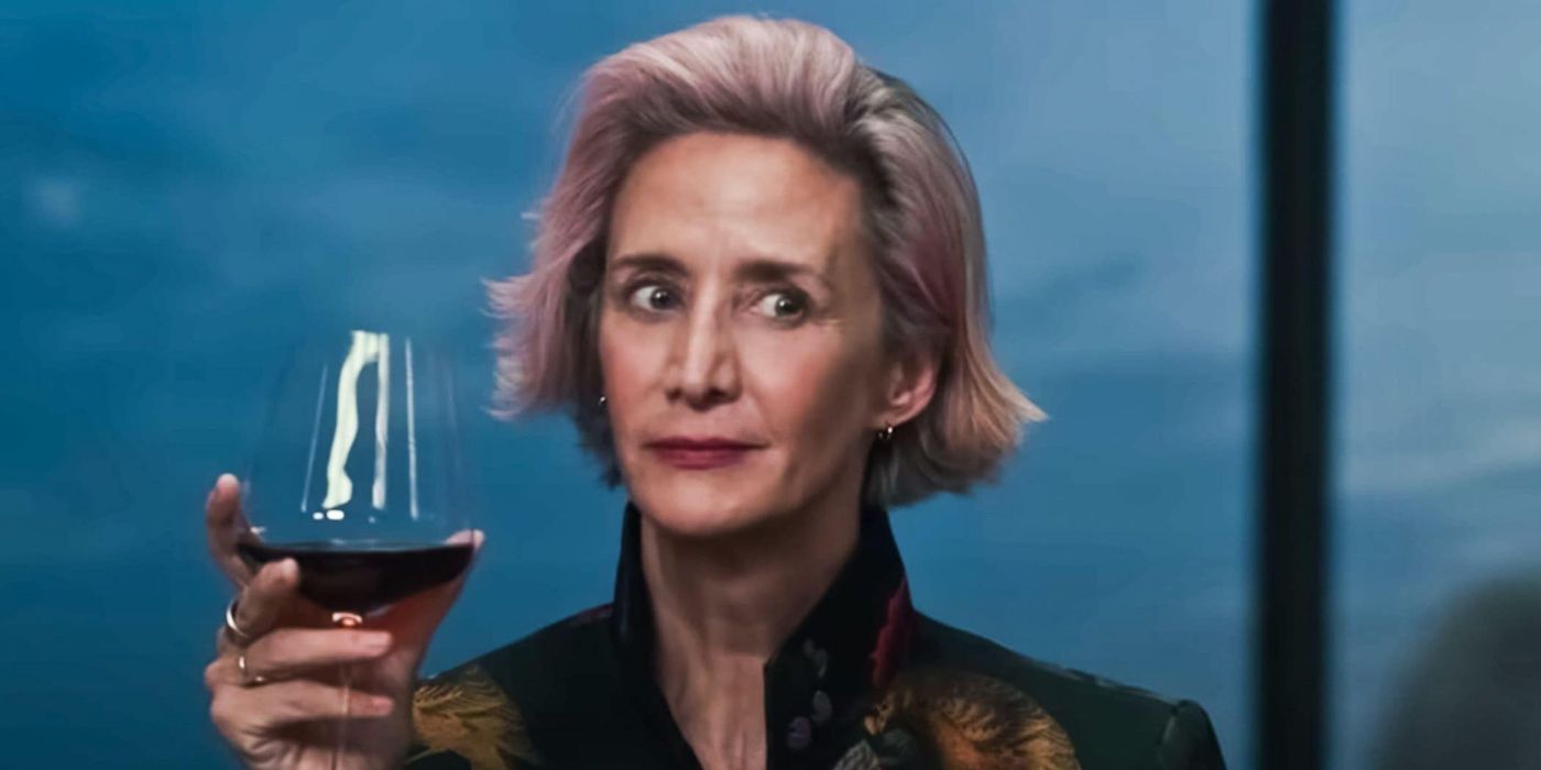 Lilliam Bloom (Janet McTeer) holding up a glass of red wine in The Menu