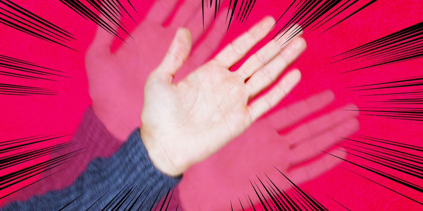 A hand moving in a slapping motion with a fun red background