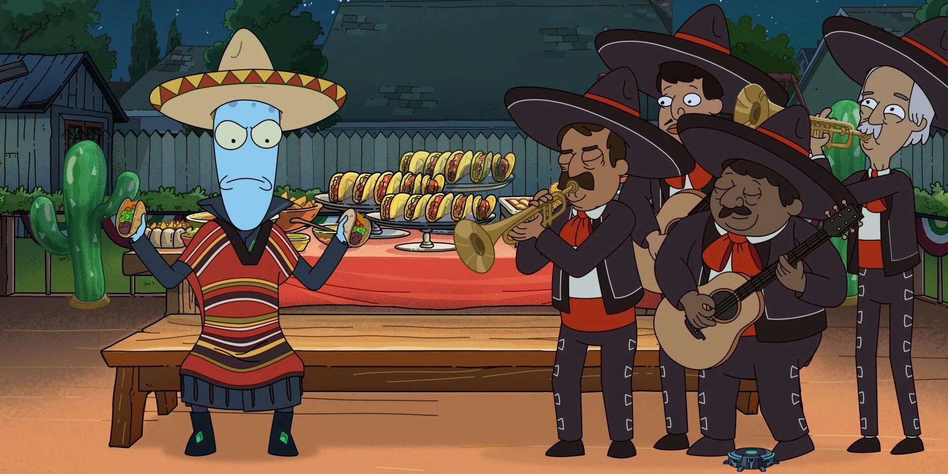 Solar Opposites: Korvo looks frustrated beside a mariachi band 