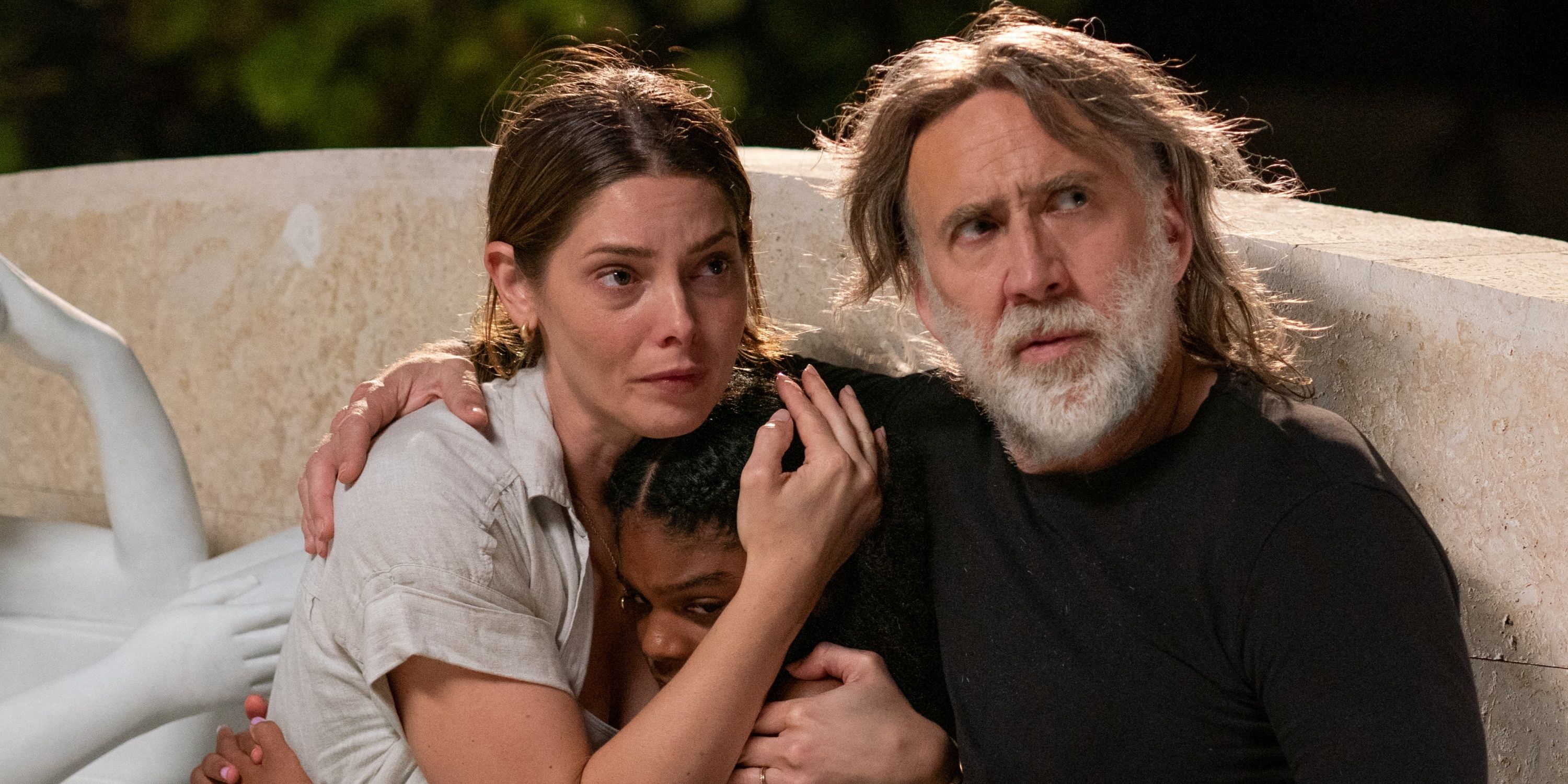 Nicolas Cage as Matt, Ashley Greene as Ashley and Thalia Campbell as Sarah in The Retirement Plan
