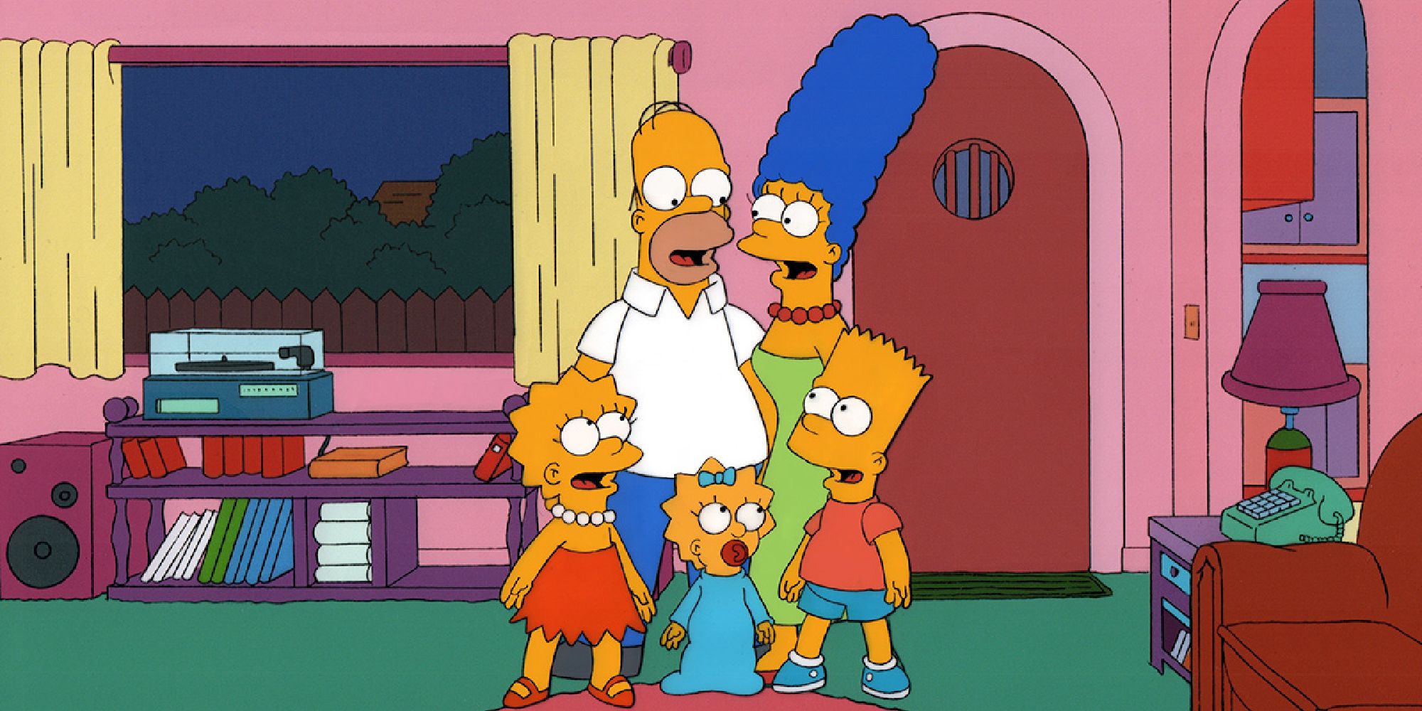 Marge, Homer, Lisa, Maggie and Bart standing together in their living room in The Simpsons