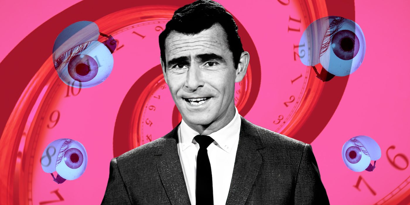 A custom image of Rod Serling of The Twilight Zone surrounded by a twisting clock and eyeballs