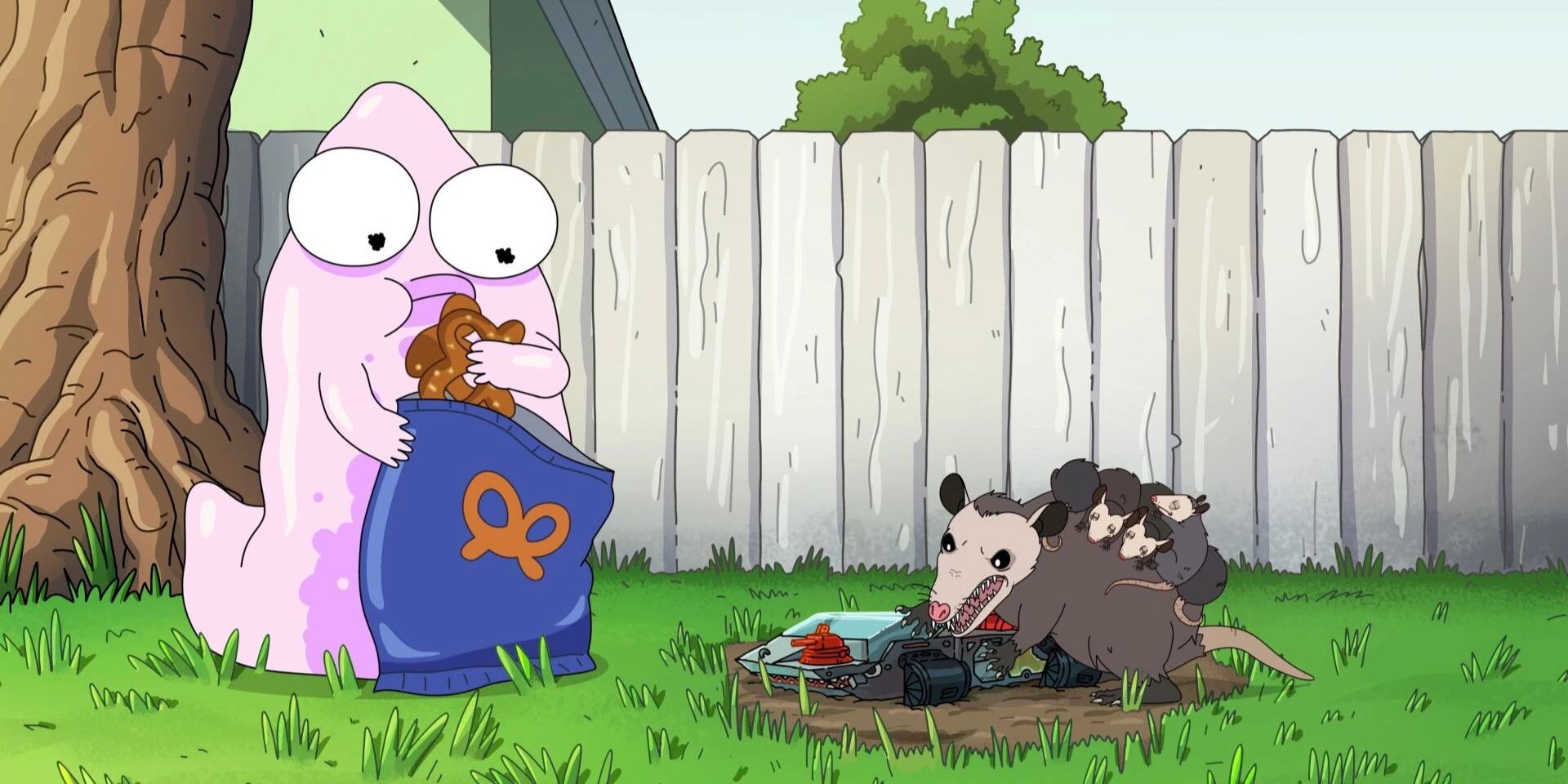 Still from 'Solar Opposites': The Pupa eats snacks while a mother possum attacks a tiny shelter.