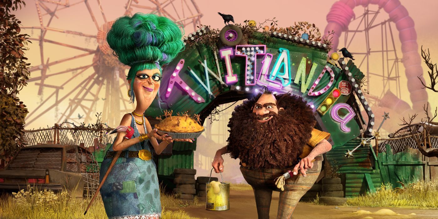 Mr. and Mrs. Twits in front of Twitlandia in Netflix's The Twits