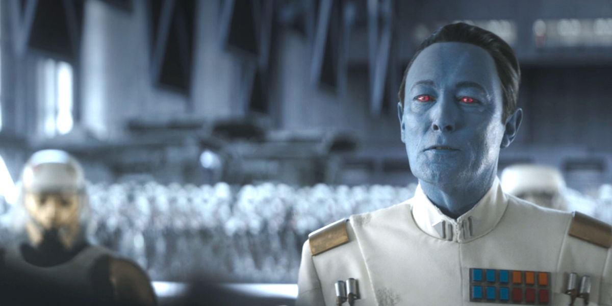 Thrawn, played by Lars Mikkelsen, flanked by Stormtroopers in Ahsoka
