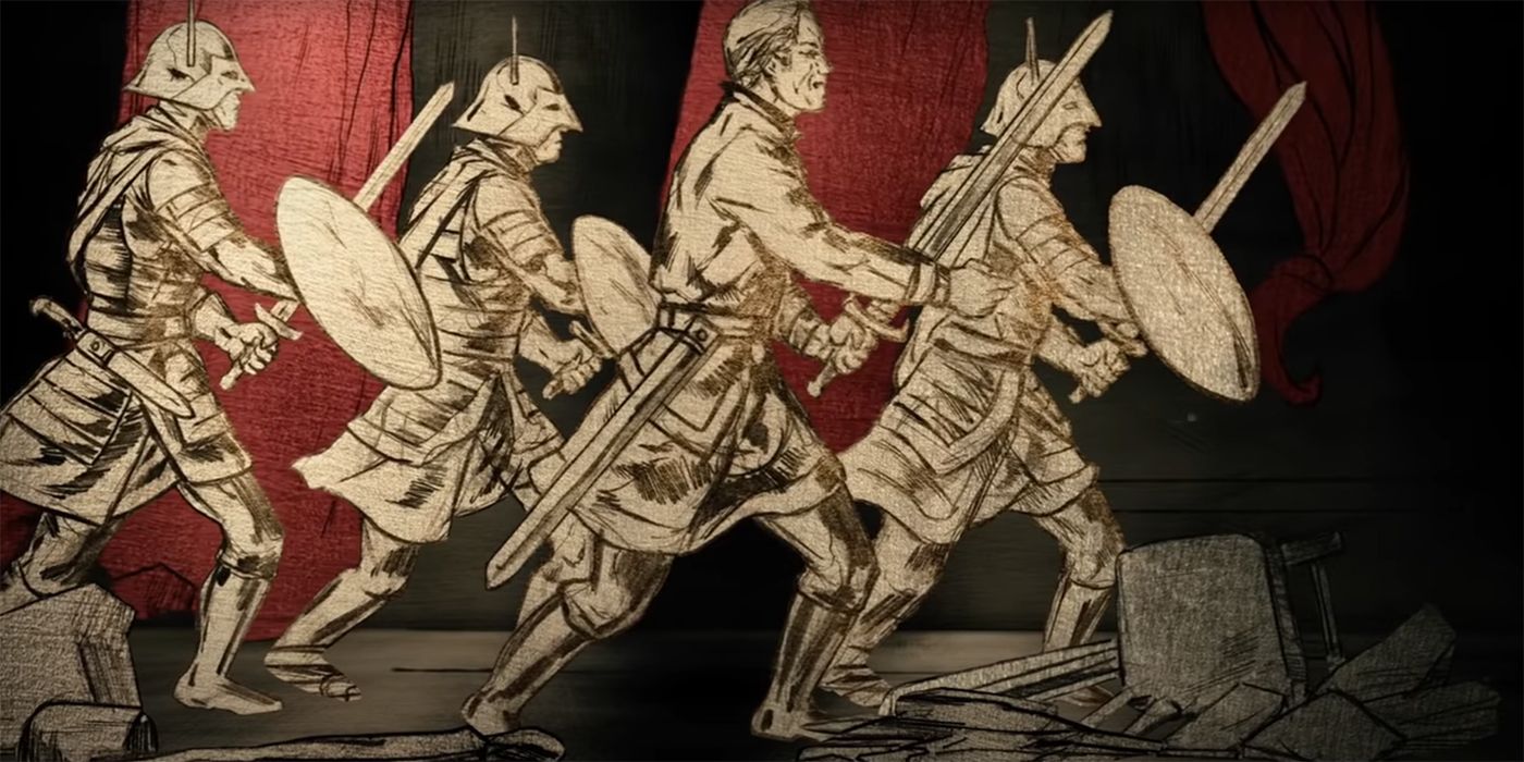 Tywin Lannister marching to destroy House Reyne in Game of Thrones animated history
