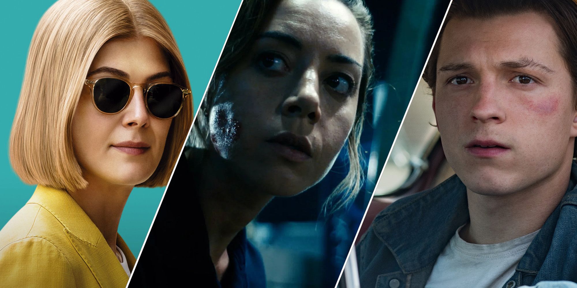 A collage of underrated crime dramas released in the past 5 years, featuring stills from I Care A Lot, Emily the Criminal, and The Devil All the Time