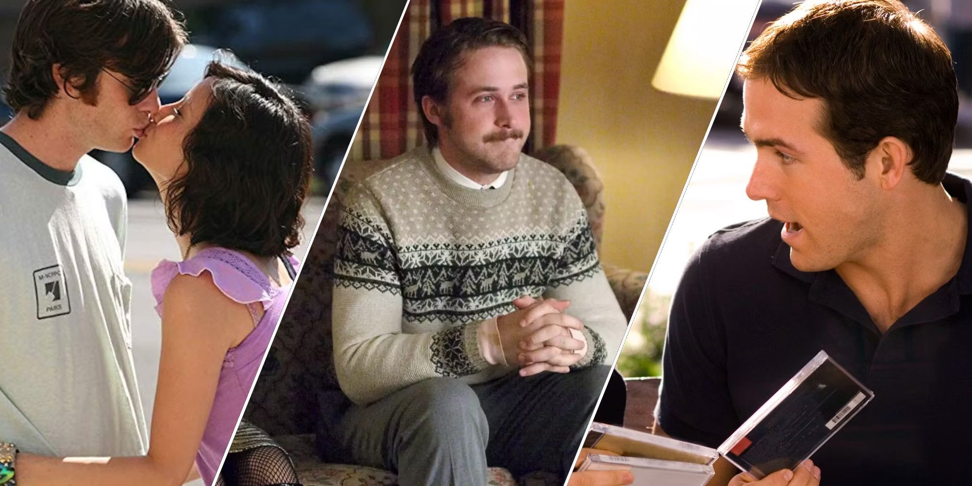 A collage of underrated romantic comedies from the 2000s, featuring stills from Watching the Detectives, Lars and the Real Girl, and Maybe, Definitely
