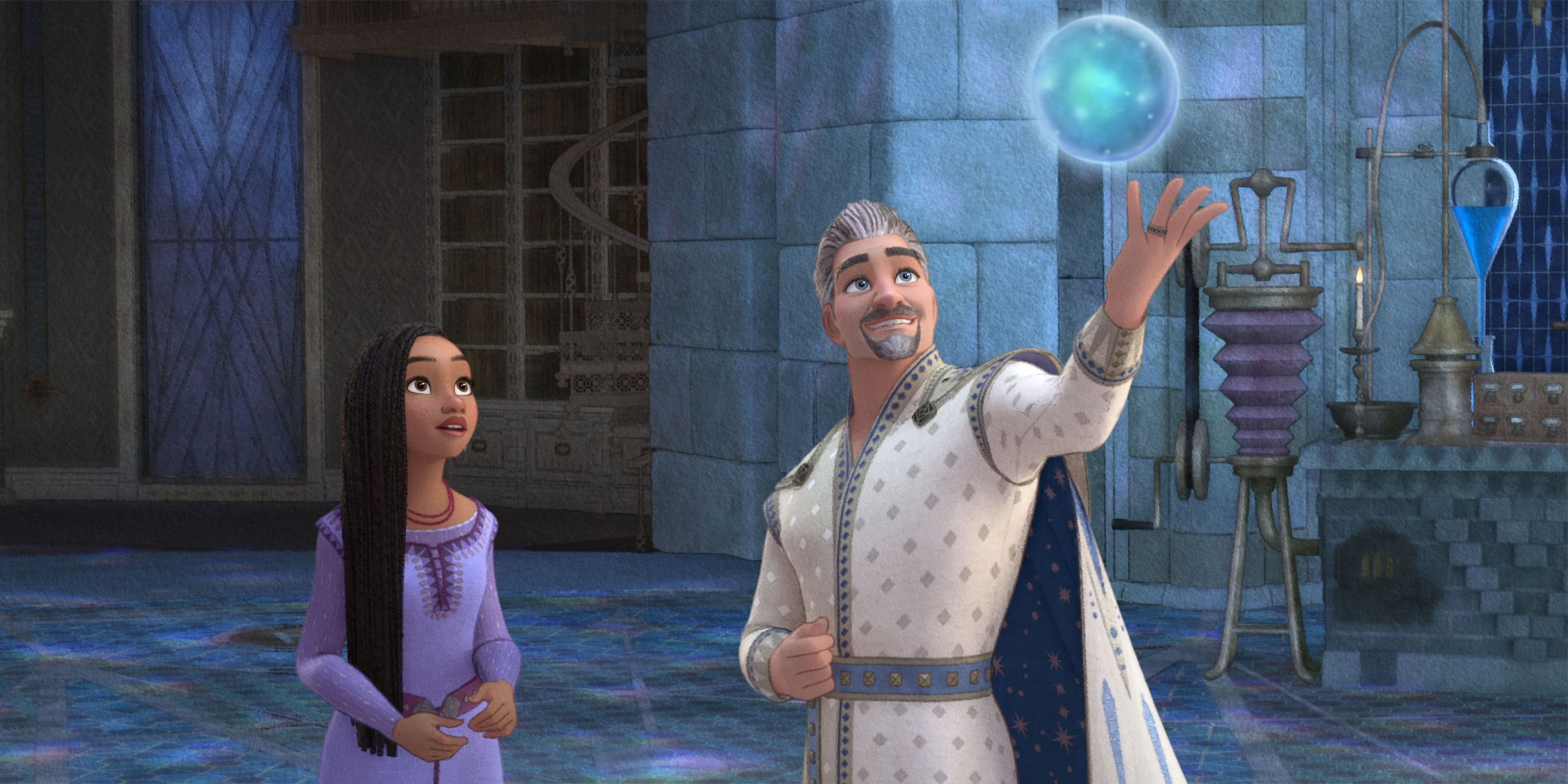 Asha, voiced by Ariana DeBose, and King Magnifico, voiced by Chris Pine, in Wish